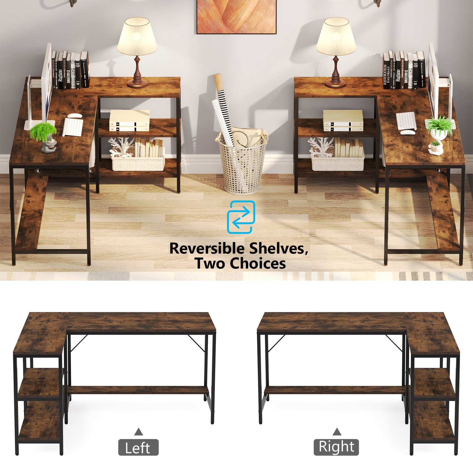 Reversible L-Shaped Desk, Corner Computer Desk with Storage Shelves