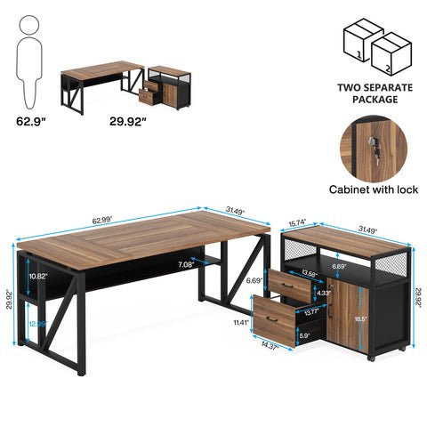 63 inches L-Shaped Executive Desk with Storage Shelves and Mobile File Cabinet(2 Drawers and 1 Storage Compartment) Size