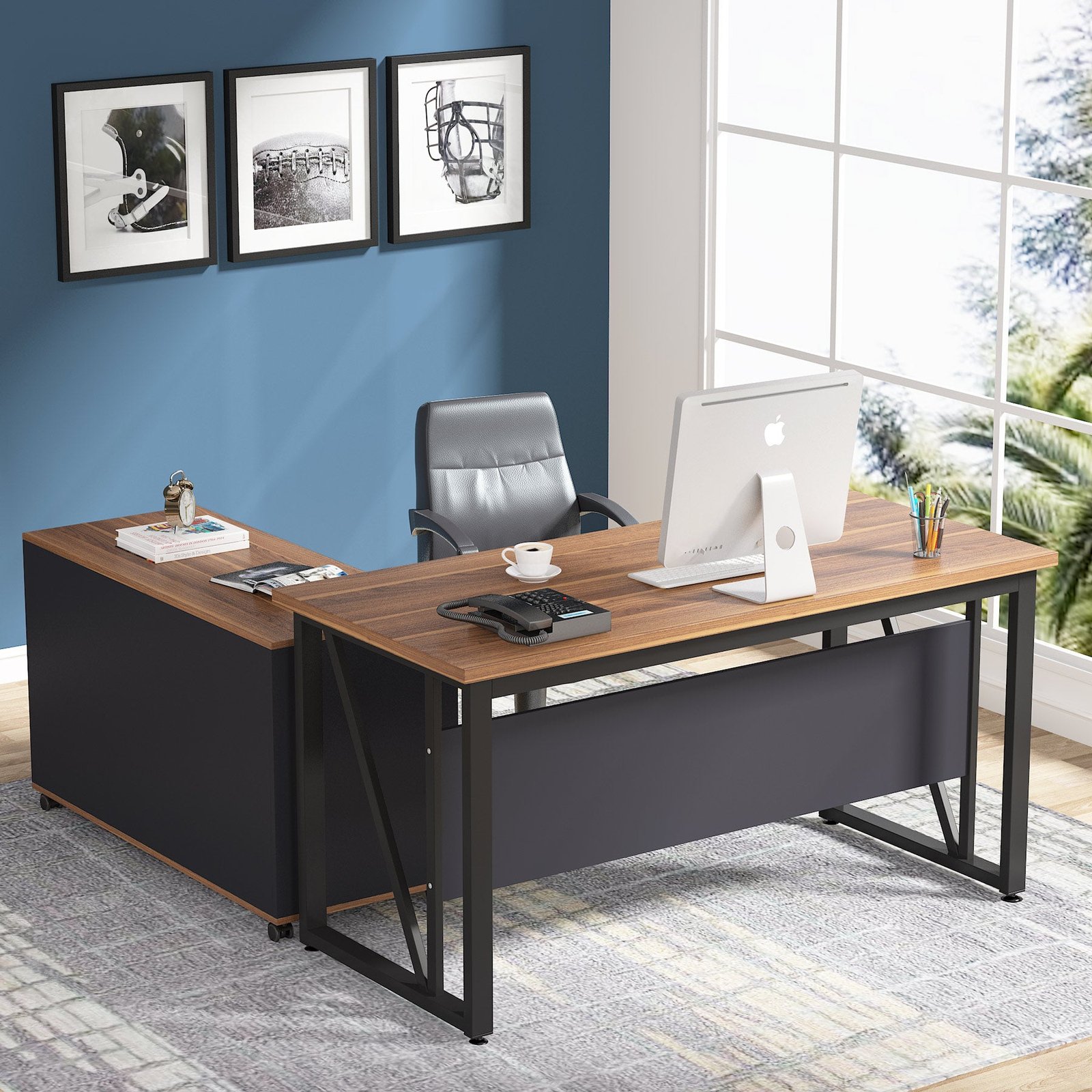 L-Shaped Computer Desk, 55" / 63" Executive Desk and Mobile File Cabinet