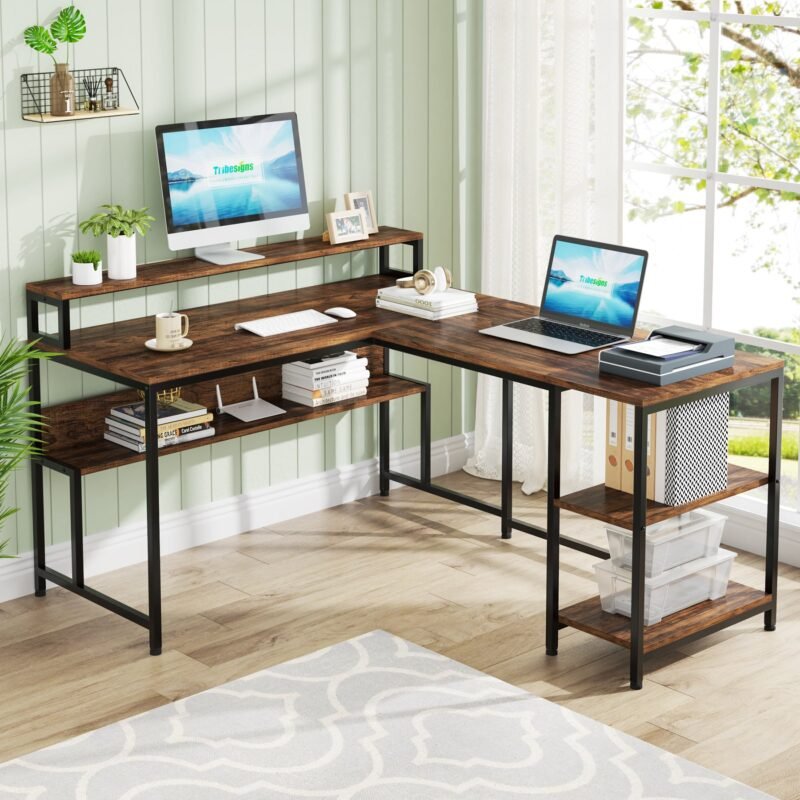 Reversible L-Shaped Desk, 59" Corner Desk with Shelves & Monitor Stand