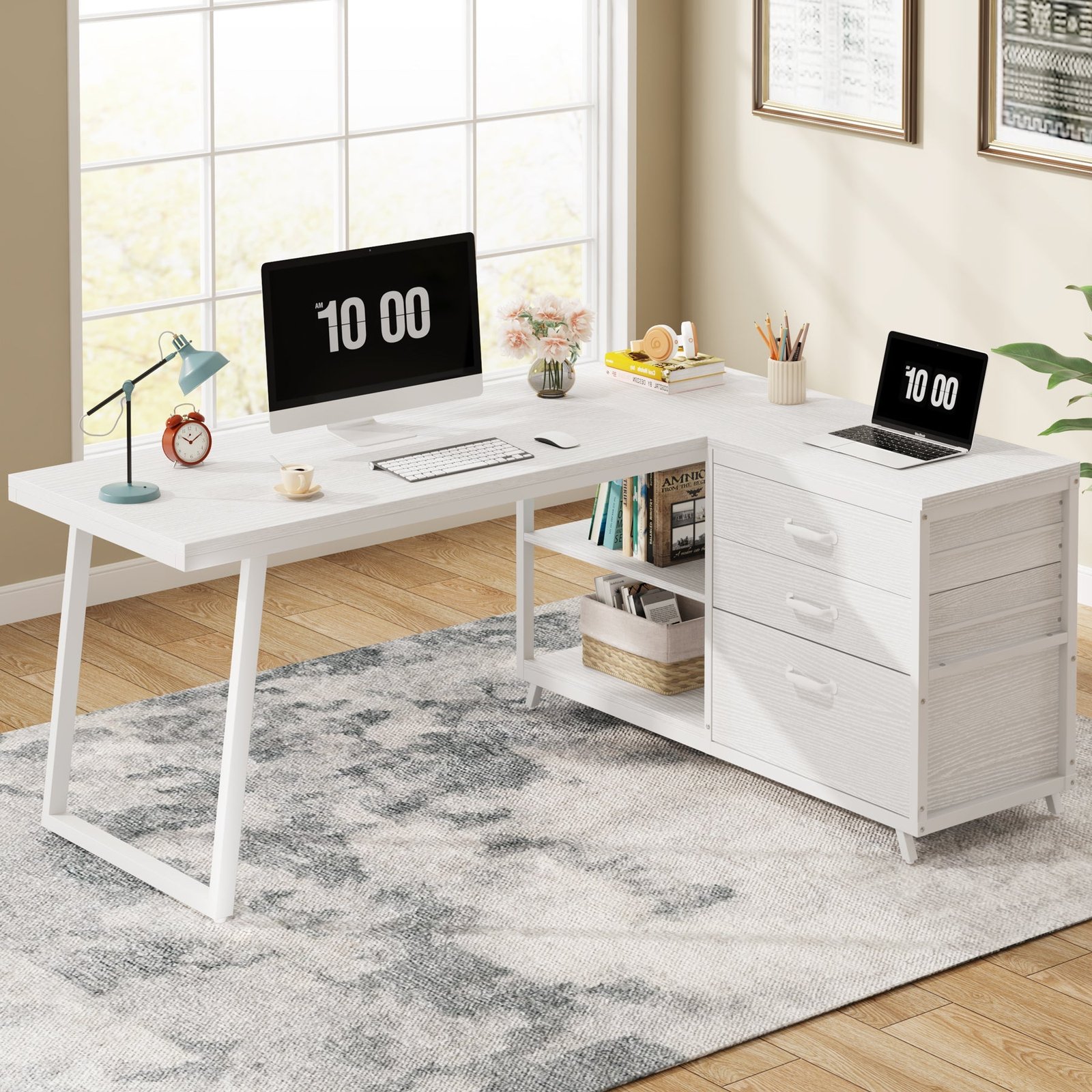 53" Reversible L-Shaped Computer Desk With 3 Drawers & Shelves