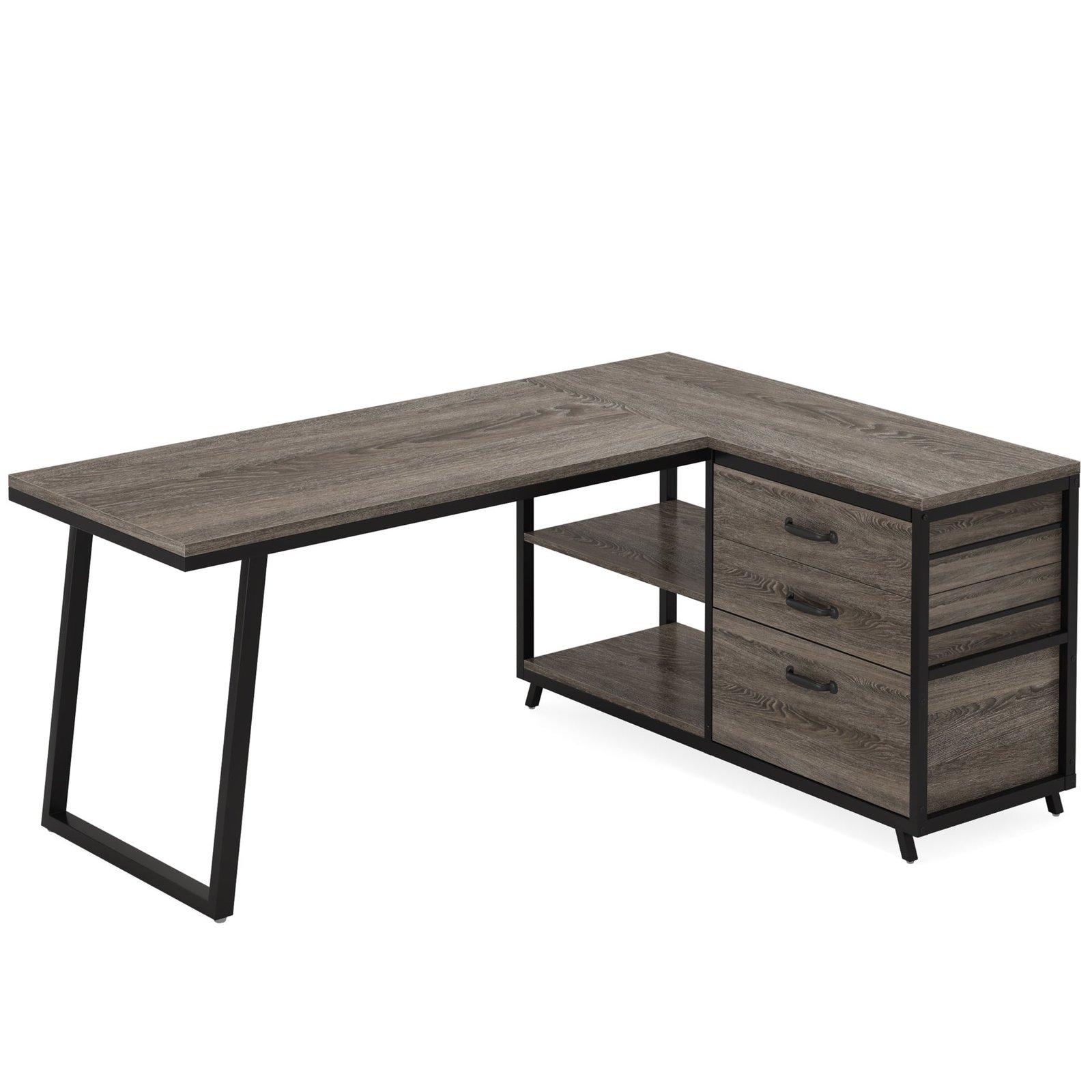 53" Reversible L-Shaped Computer Desk With 3 Drawers & Shelves