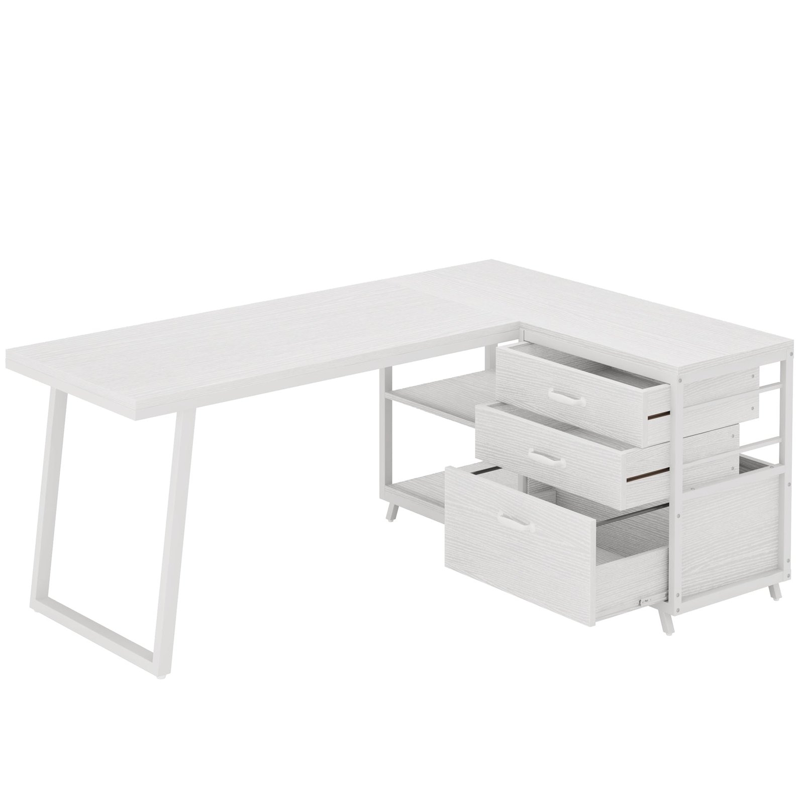 53" Reversible L-Shaped Computer Desk With 3 Drawers & Shelves