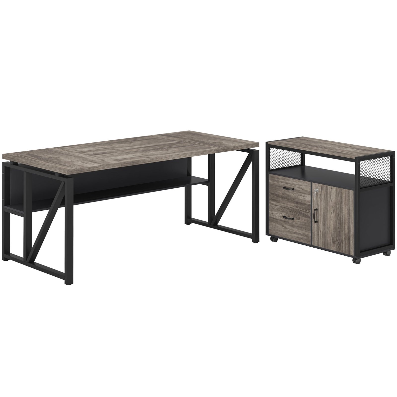 55" / 63" L-Shaped Executive Desk with Storage Shelves and Mobile File Cabinet(2 Drawers and 1 Storage Compartment)