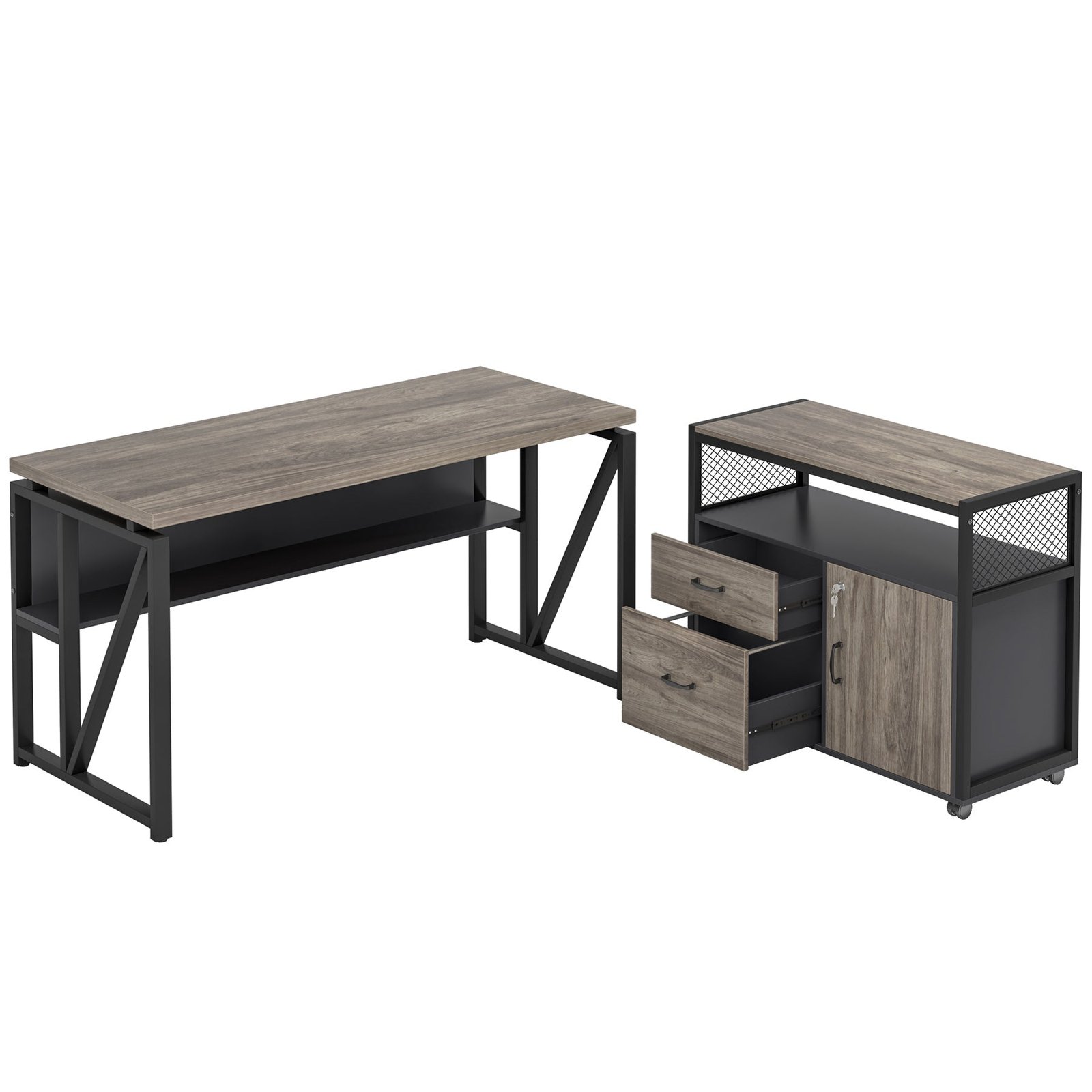 55" / 63" L-Shaped Executive Desk with Storage Shelves and Mobile File Cabinet(2 Drawers and 1 Storage Compartment)