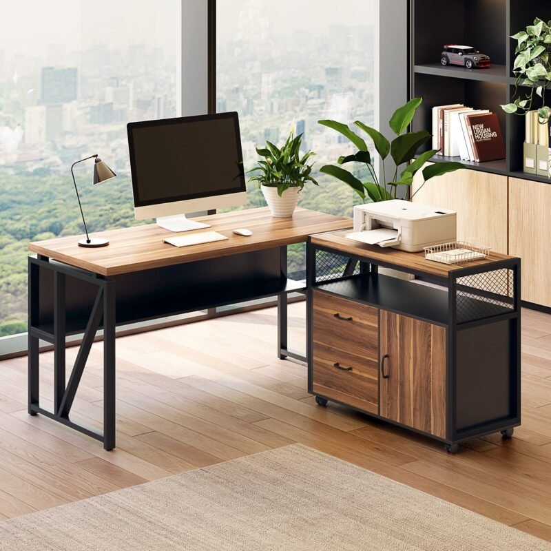 55" / 63" L-Shaped Executive Desk with Storage Shelves and Mobile File Cabinet(2 Drawers and 1 Storage Compartment)