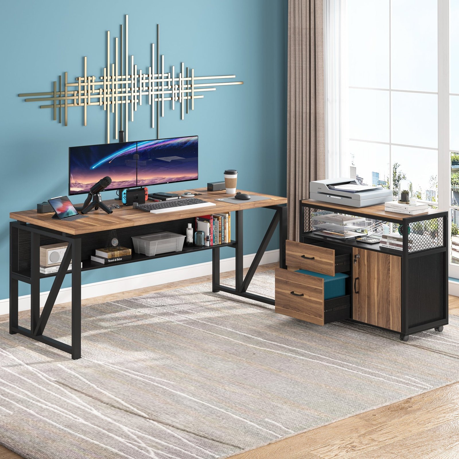 55" / 63" L-Shaped Executive Desk with Storage Shelves and Mobile File Cabinet(2 Drawers and 1 Storage Compartment)