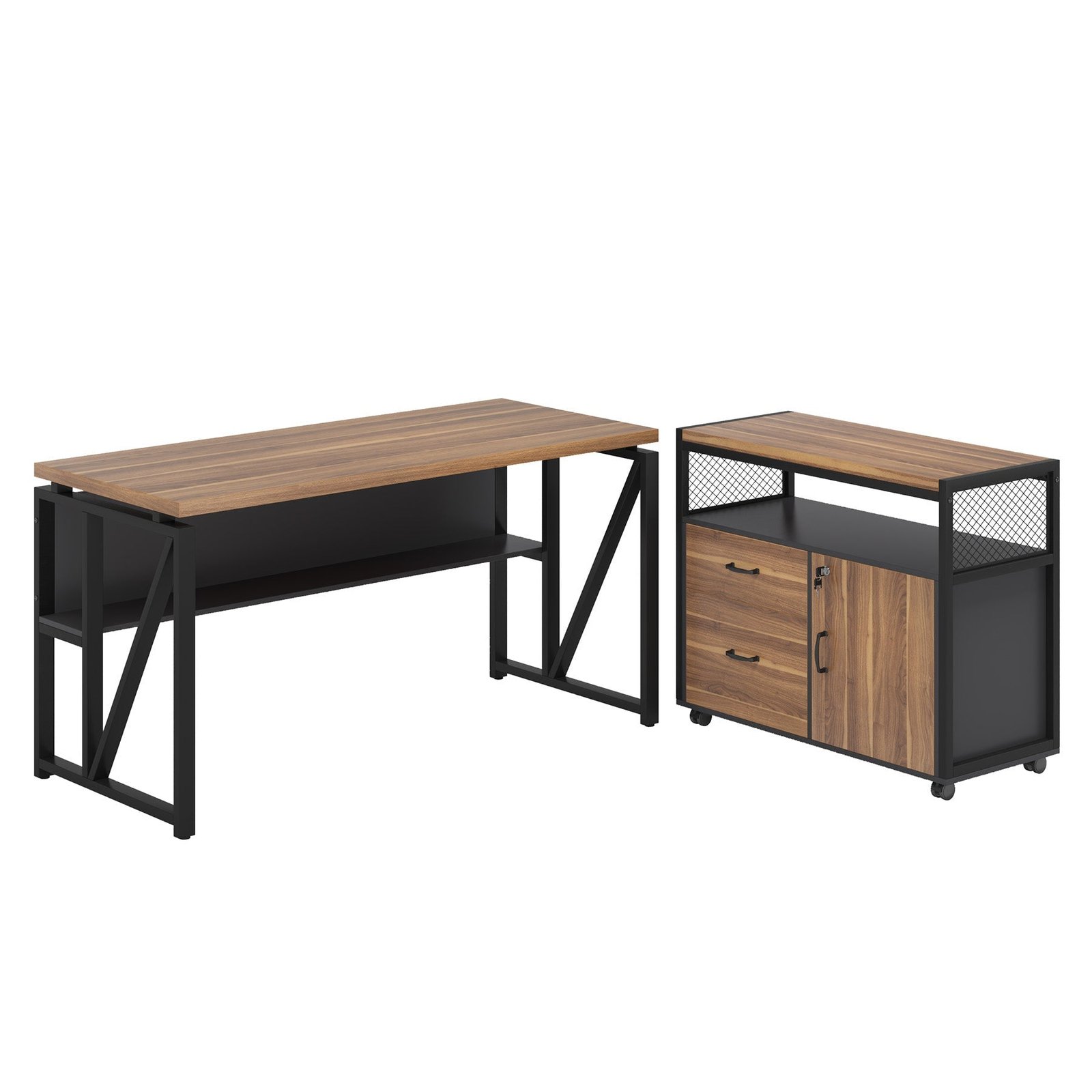 55" / 63" L-Shaped Executive Desk with Storage Shelves and Mobile File Cabinet(2 Drawers and 1 Storage Compartment)