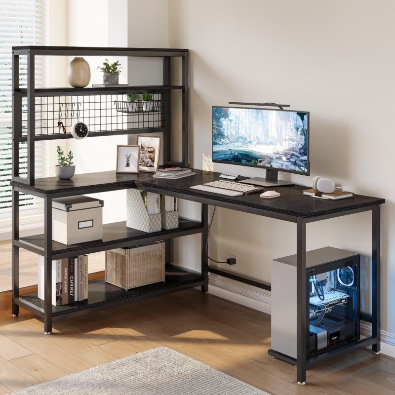 55" Reversible L-Shaped Desk with Wireless Charging & Shelves