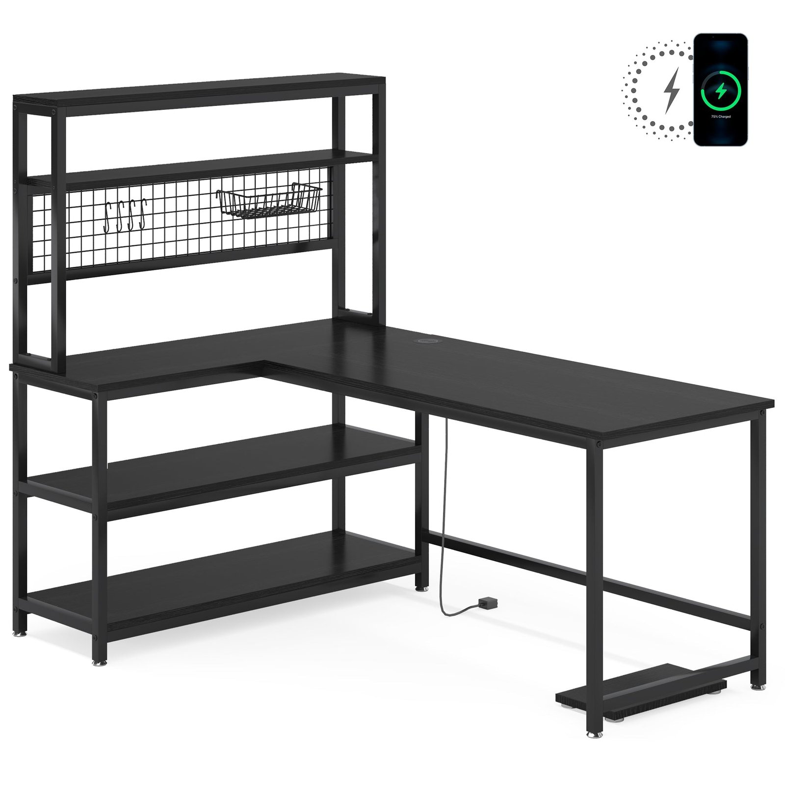 55" Reversible L-Shaped Desk with Wireless Charging & Shelves