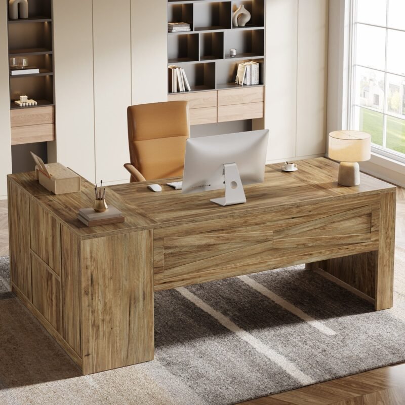 70.8" Executive Desk, L-Shaped Computer Table with Storage Cabinet