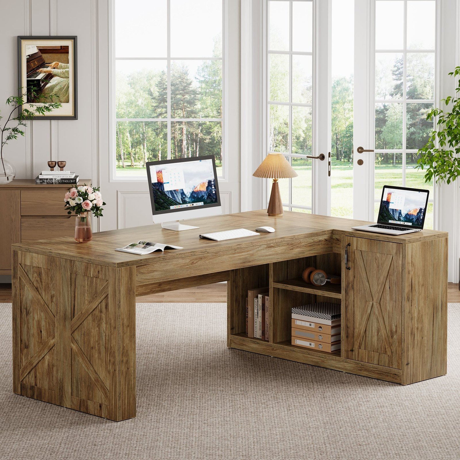 70.8" Executive Desk, L-Shaped Computer Table with Storage Cabinet