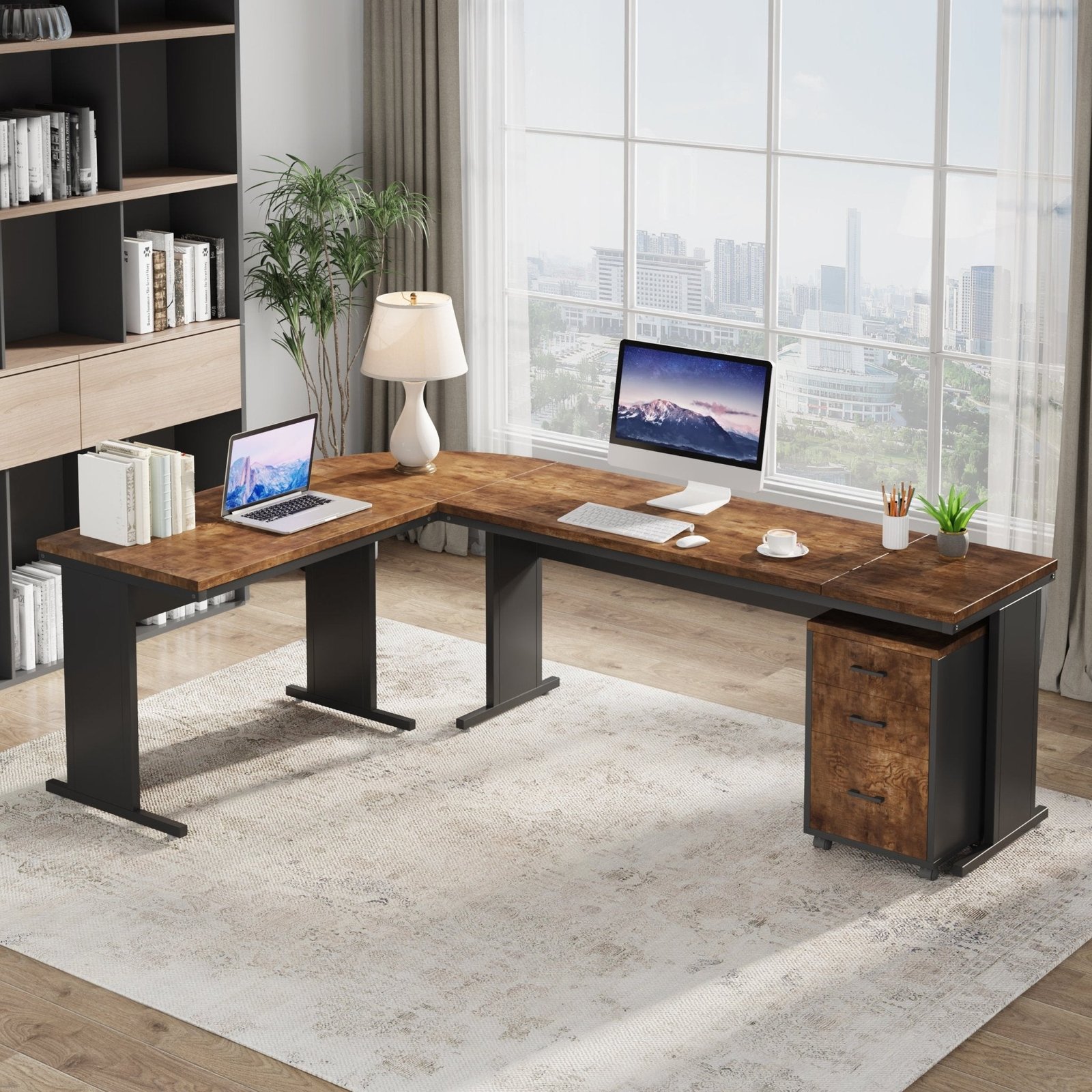 83" L-Shaped Desk, Industrial Corner Executive Desk with Mobile File Cabinet