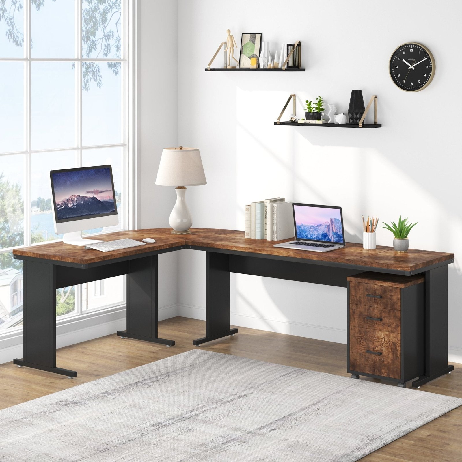 83" L-Shaped Desk, Industrial Corner Executive Desk with Mobile File Cabinet