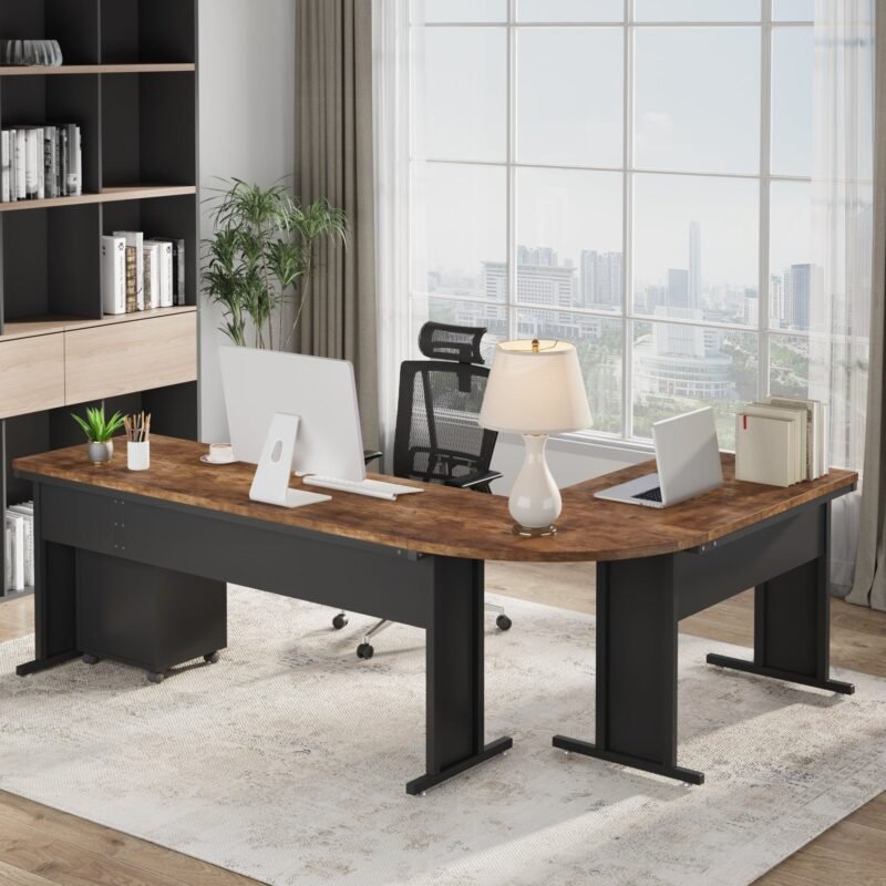 83" L-Shaped Desk, Industrial Corner Executive Desk with Mobile File Cabinet