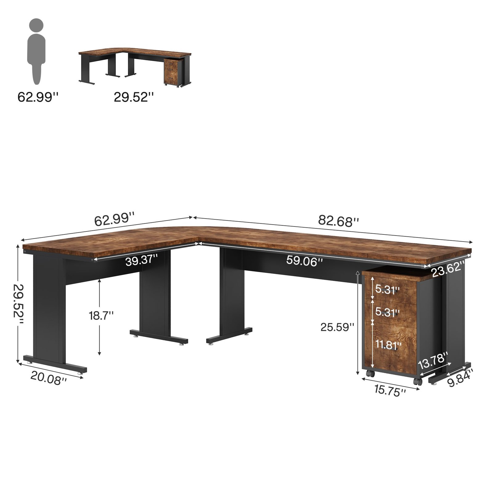 83" L-Shaped Desk, Industrial Corner Executive Desk with Mobile File Cabinet