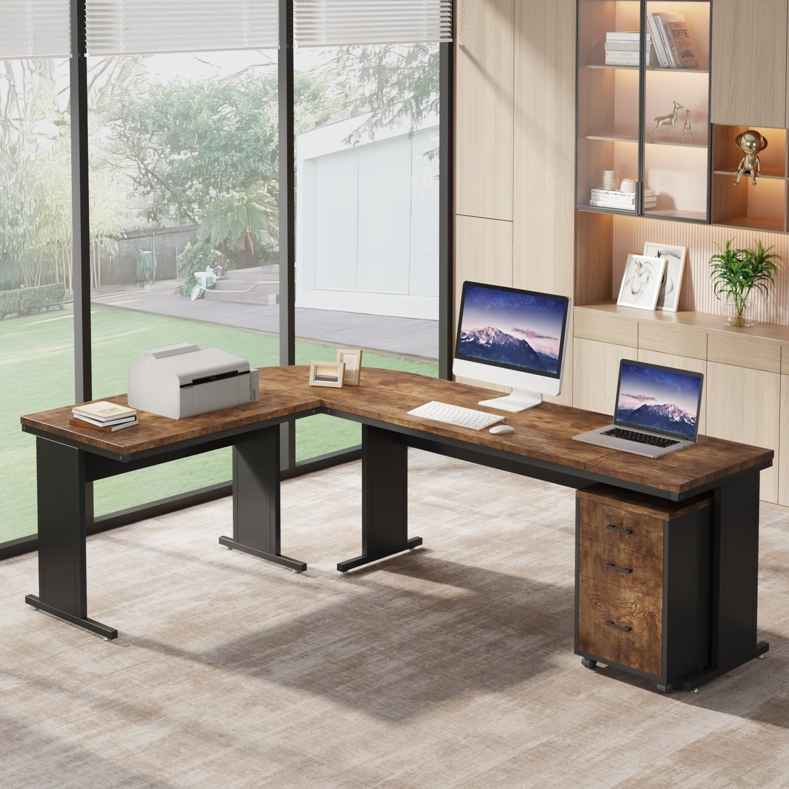 83" L-Shaped Desk, Industrial Corner Executive Desk with Mobile File Cabinet