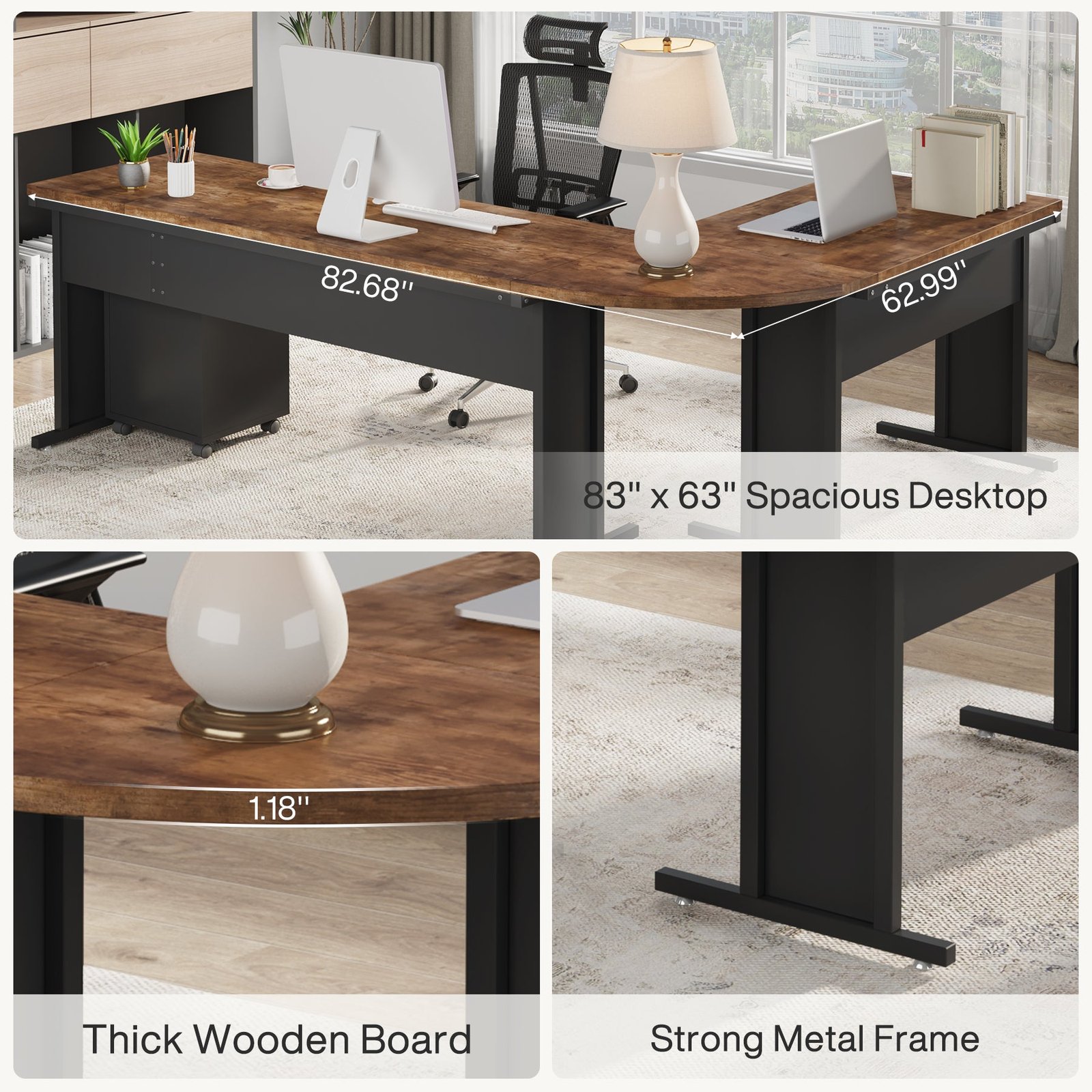 83" L-Shaped Desk, Industrial Corner Executive Desk with Mobile File Cabinet