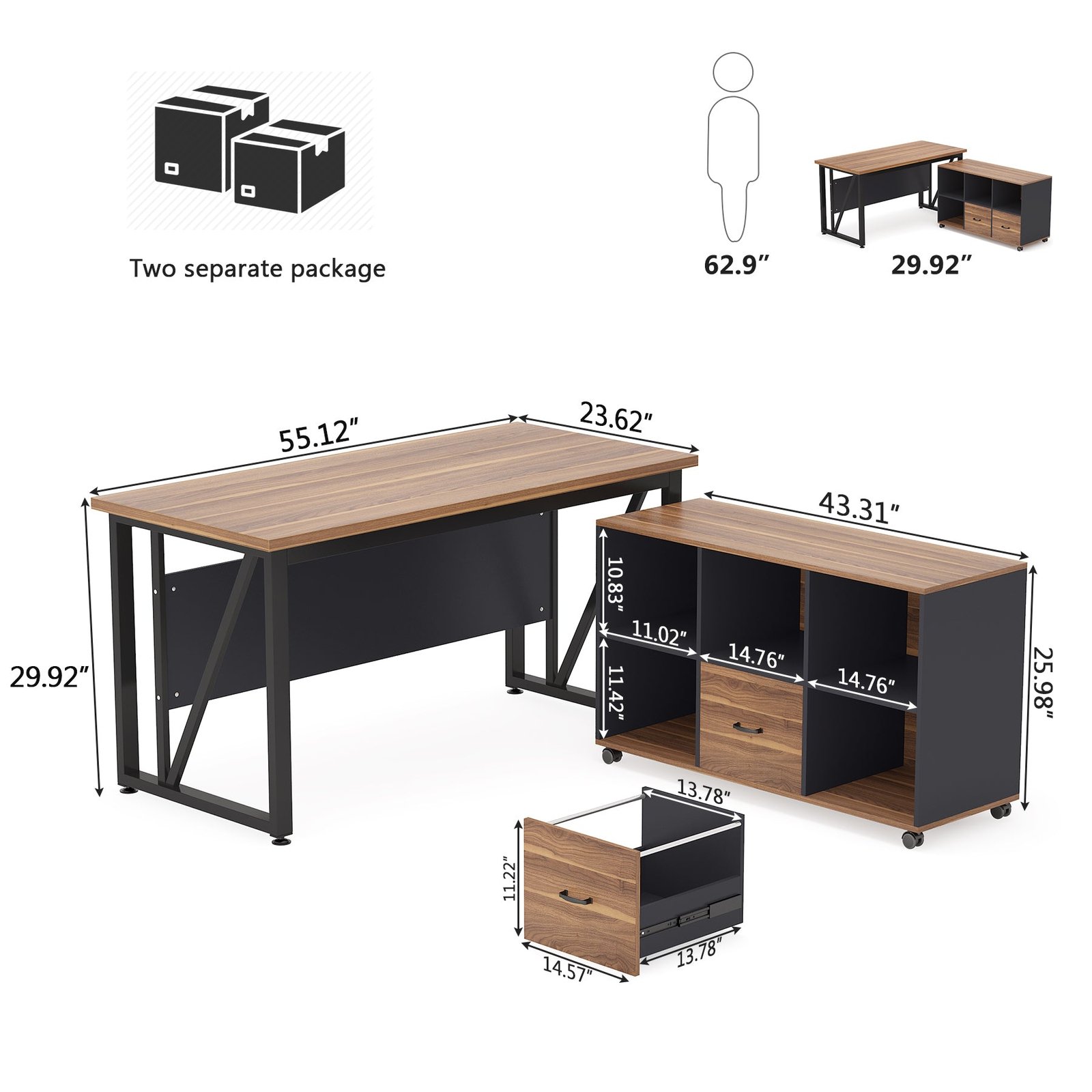 L-Shaped Computer Desk, 55" / 63" Executive Desk and Mobile File Cabinet