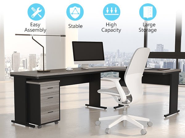 83" L-Shaped Desk, Industrial Corner Executive Desk with Mobile File Cabinet