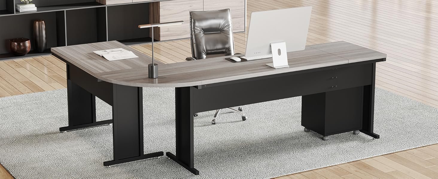 83" L-Shaped Desk, Industrial Corner Executive Desk with Mobile File Cabinet