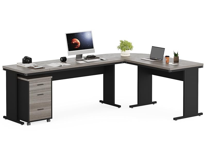 83" L-Shaped Desk, Industrial Corner Executive Desk with Mobile File Cabinet