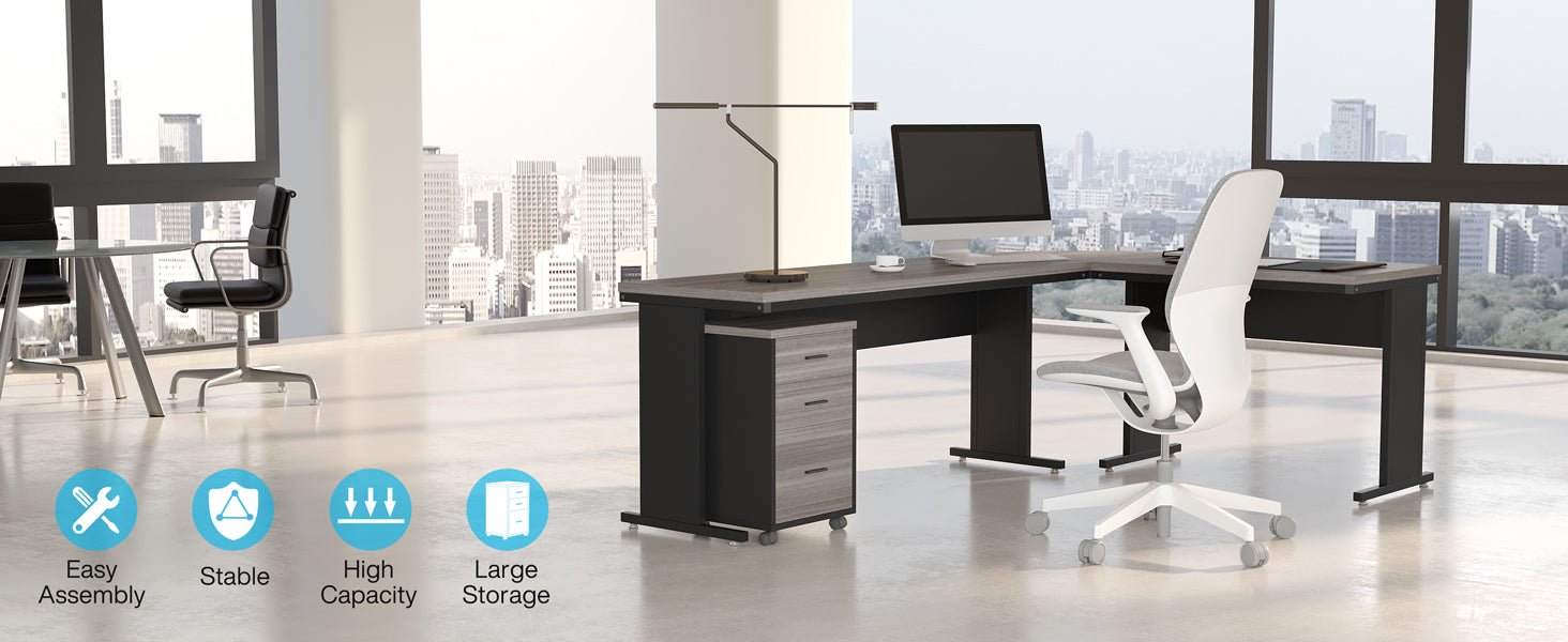 83" L-Shaped Desk, Industrial Corner Executive Desk with Mobile File Cabinet