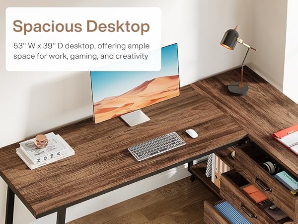 53" Reversible L-Shaped Computer Desk With 3 Drawers & Shelves