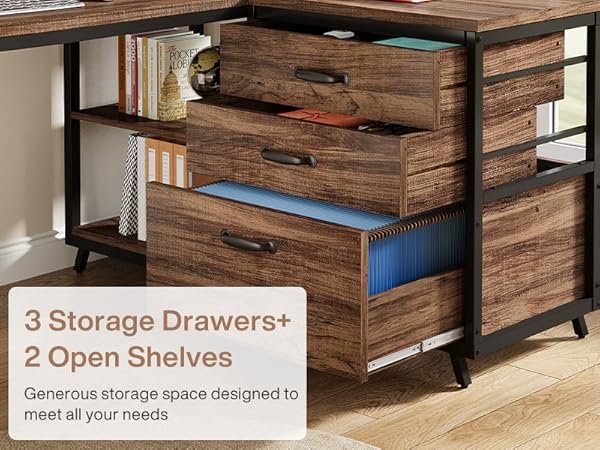 53" Reversible L-Shaped Computer Desk With 3 Drawers & Shelves