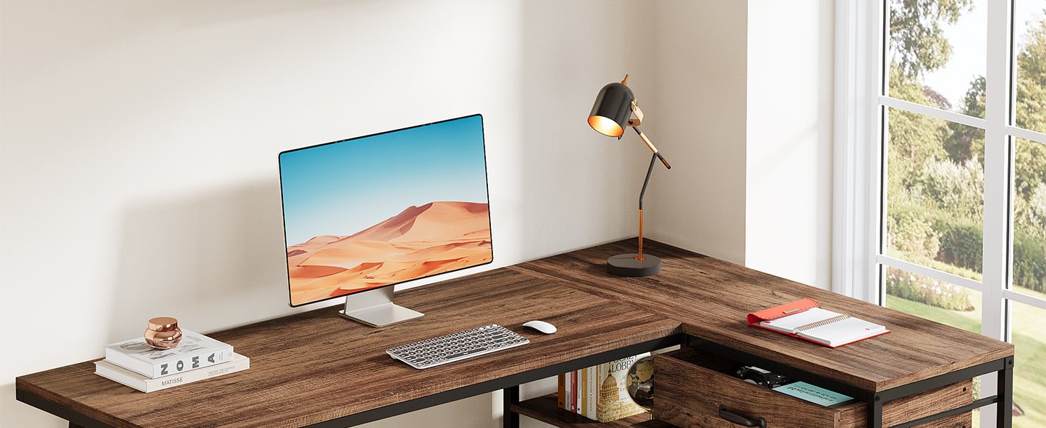 53" Reversible L-Shaped Computer Desk With 3 Drawers & Shelves