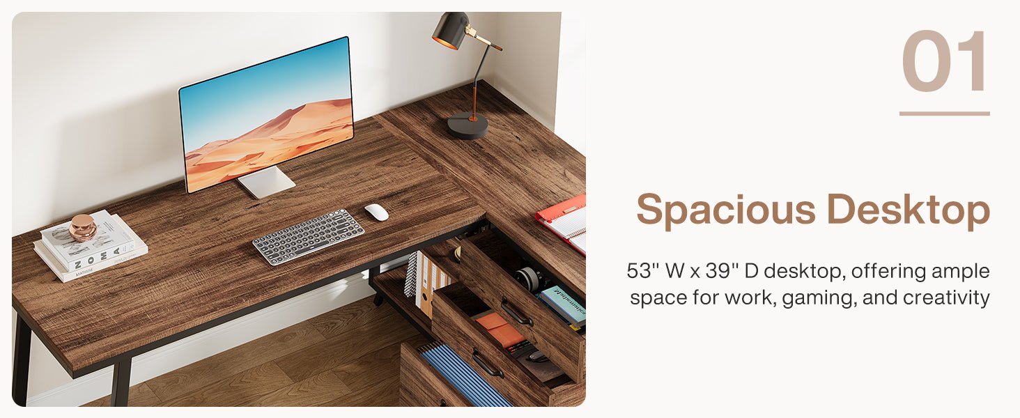 53" Reversible L-Shaped Computer Desk With 3 Drawers & Shelves