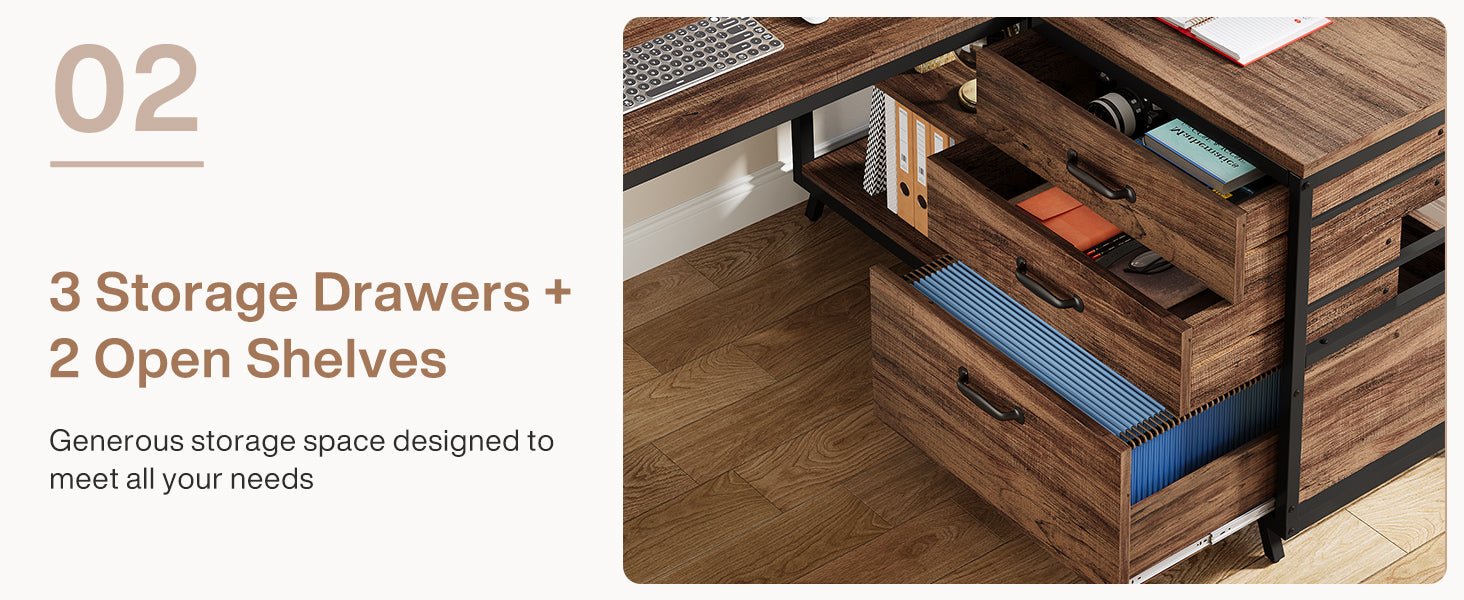 53" Reversible L-Shaped Computer Desk With 3 Drawers & Shelves