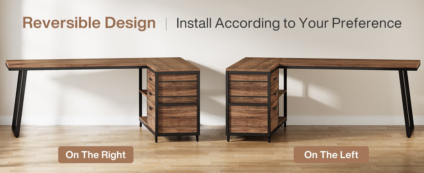 53" Reversible L-Shaped Computer Desk With 3 Drawers & Shelves