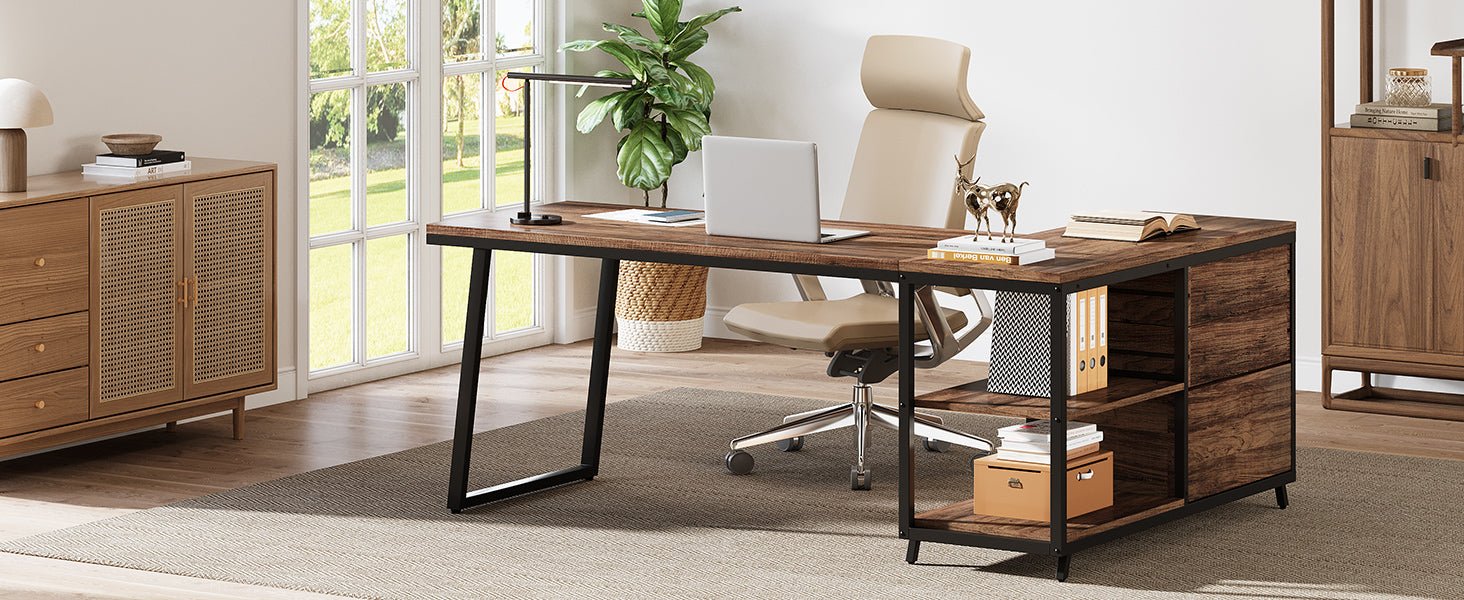 53" Reversible L-Shaped Computer Desk With 3 Drawers & Shelves