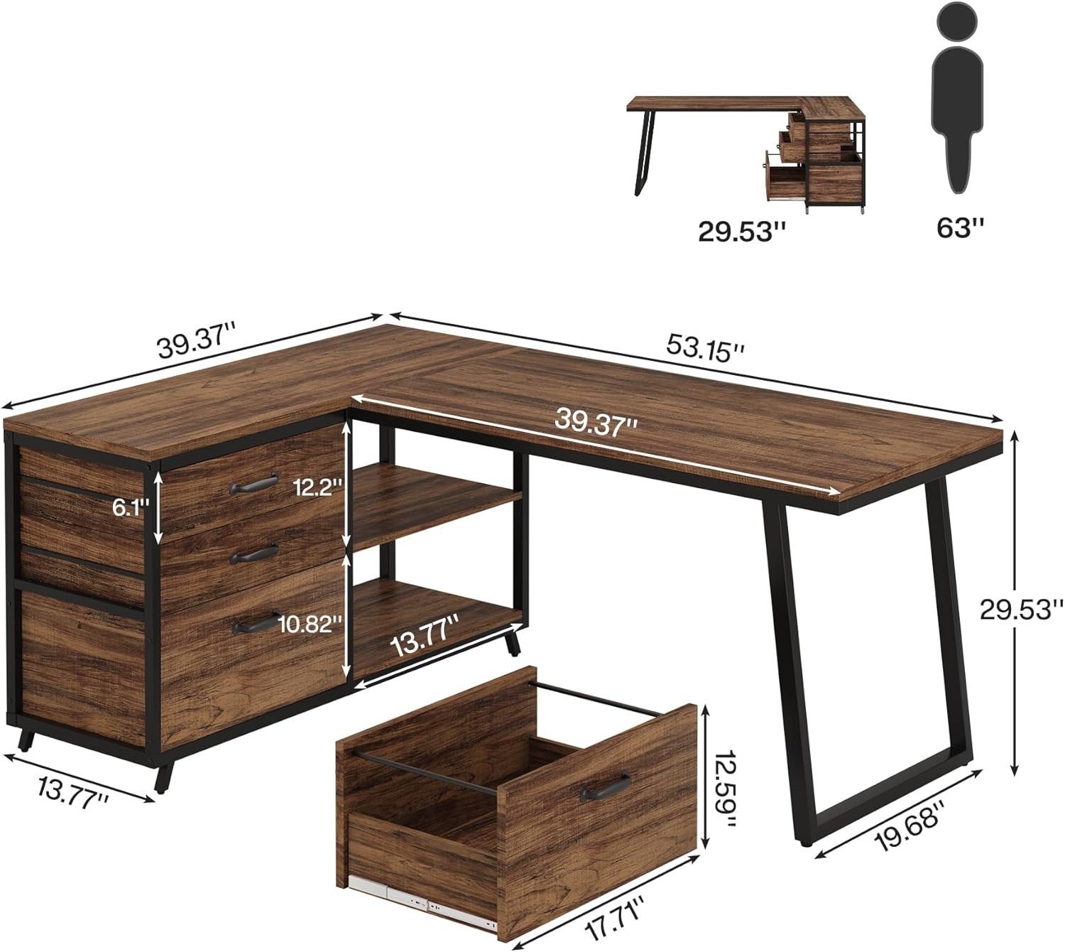 53" Reversible L-Shaped Computer Desk With 3 Drawers & Shelves