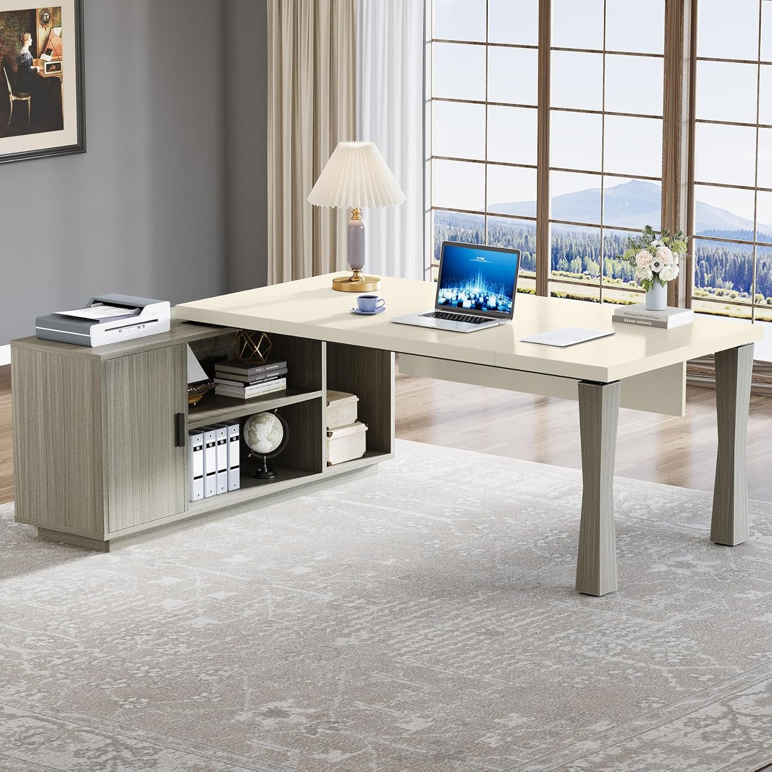 Large L-Shaped Desk, 71-Inch Executive Desk Computer Table with Cabinet