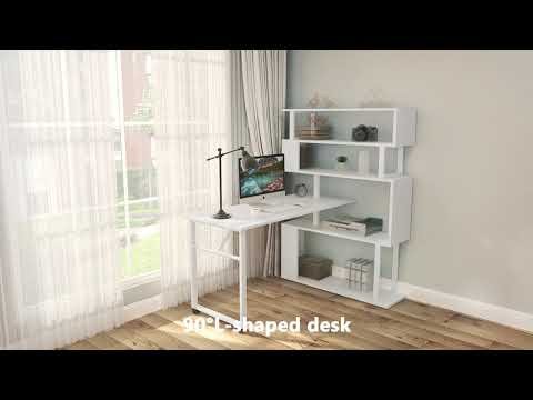 Rotating Desk with 5-Tier Bookshelf, Reversible Computer Desk with Wheels