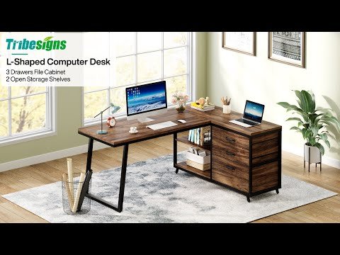 53" Reversible L-Shaped Computer Desk With 3 Drawers & Shelves