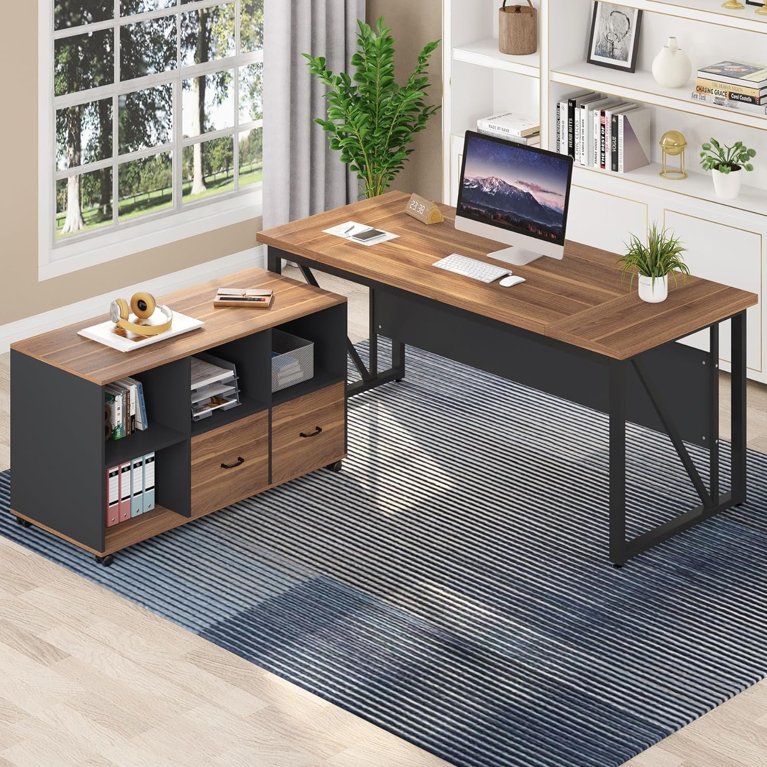 L-Shaped Computer Desk, 55" / 63" Executive Desk and Mobile File Cabinet