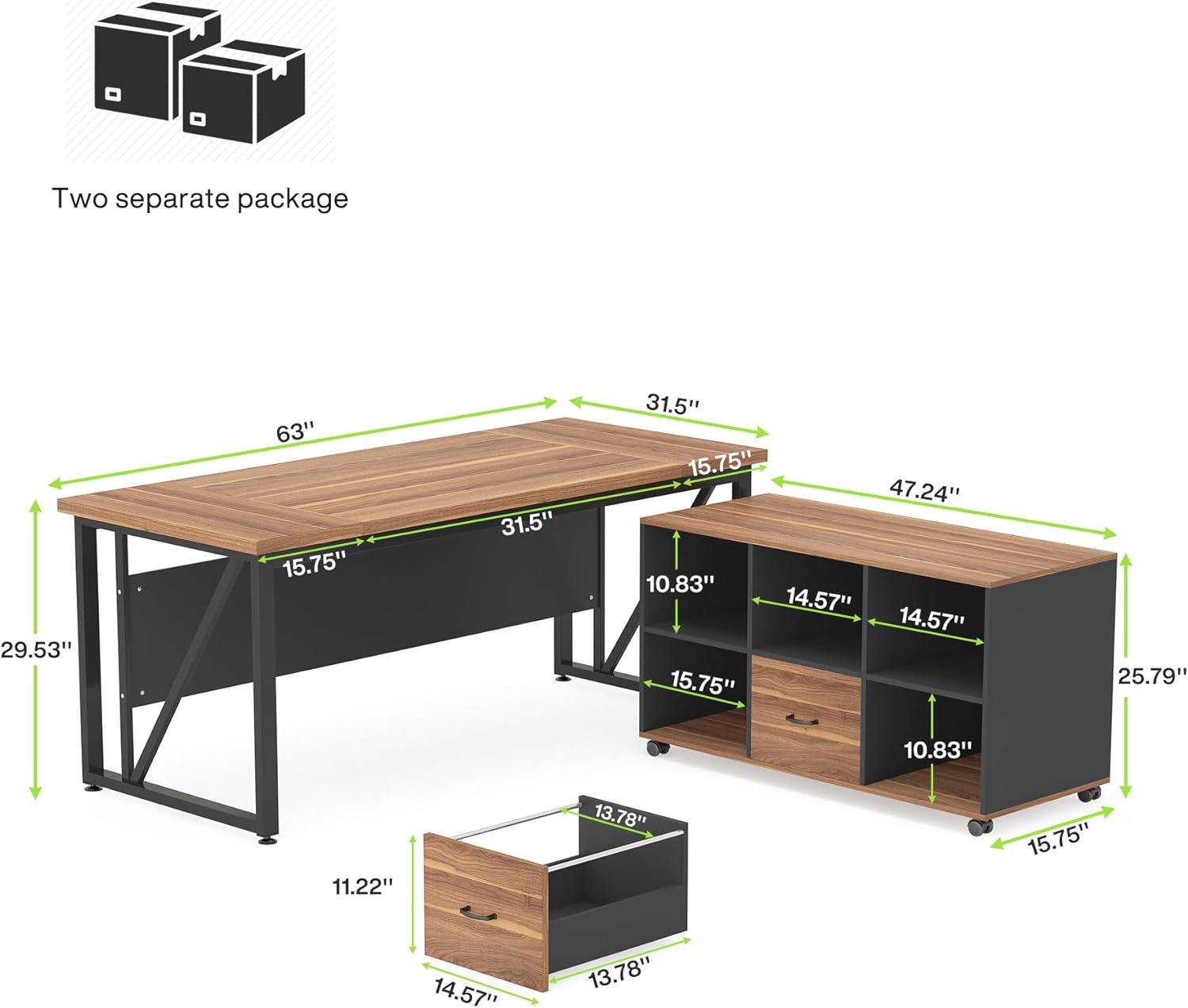 L-Shaped Computer Desk, 55" / 63" Executive Desk and Mobile File Cabinet