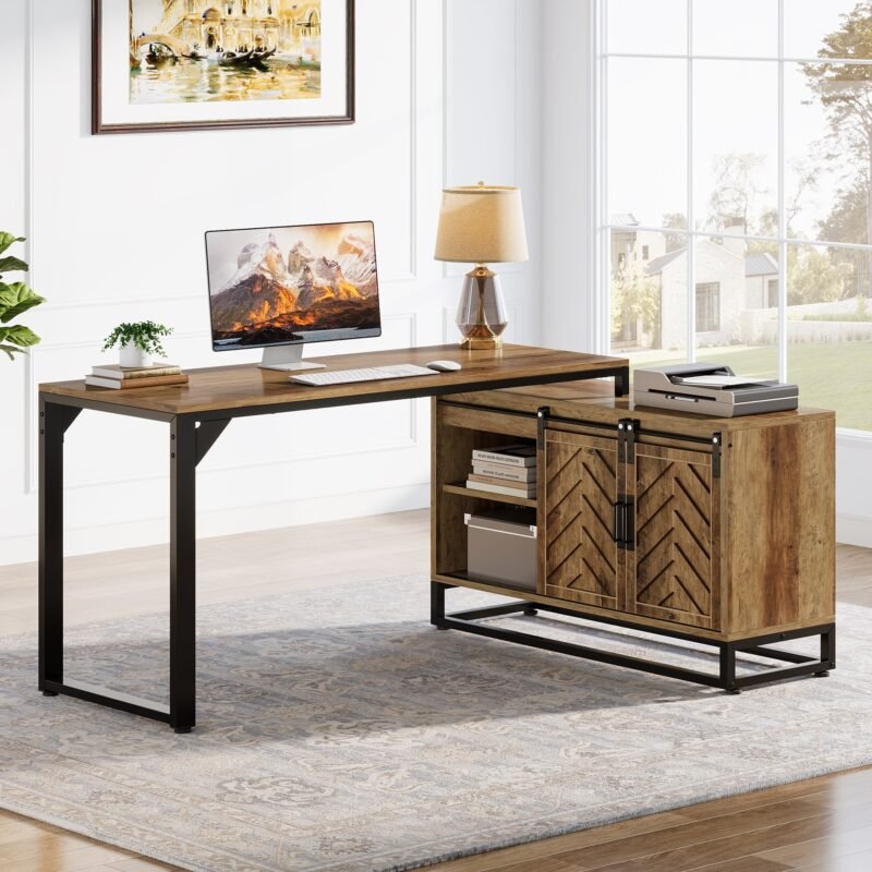 L-Shaped Executive Desk, 53" Farmhouse Computer Desk Corner Desk with Cabinet