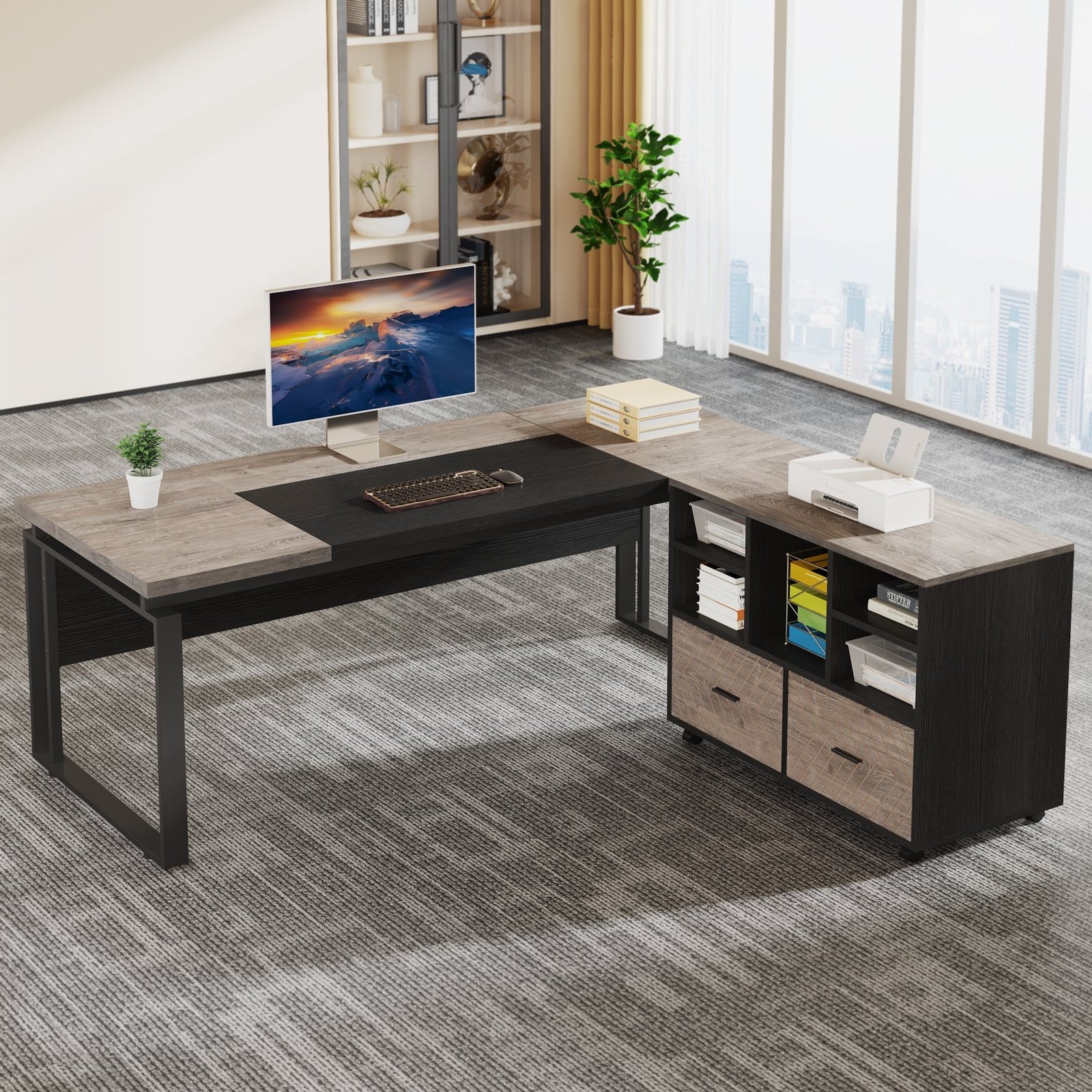 L-Shaped Executive Desk, 63" Computer Desk with Mobile File Cabinet