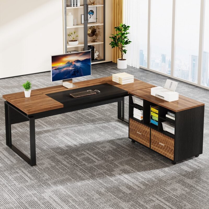 L-Shaped Executive Desk, 63" Computer Desk with Mobile File Cabinet