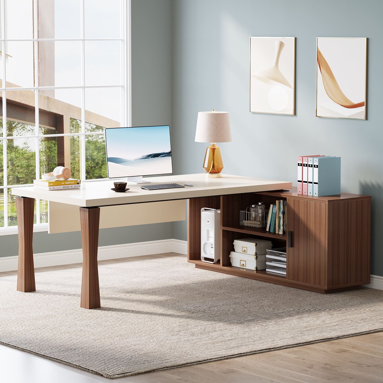 Large L-Shaped Desk, 71-Inch Executive Desk Computer Table with Cabinet