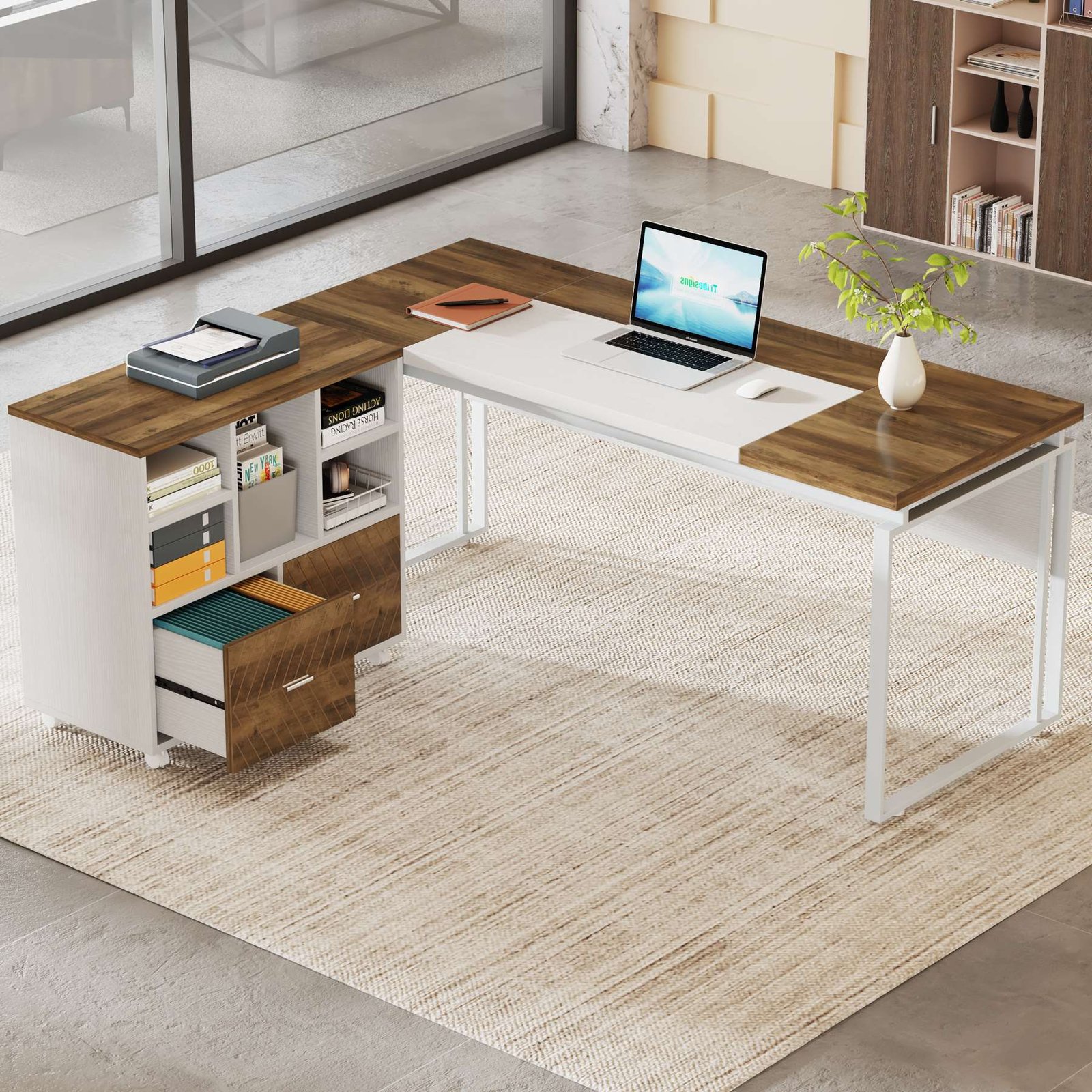 L-Shaped Executive Desk, 63" Computer Desk with Mobile File Cabinet